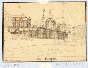 Der Zwinger in Dresden, Blick über den Zwingergraben auf den Mathematisch-Physikalischen Pavillon, die Langgalerie und das Kronentor