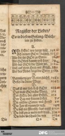 Register der Lieder/ So in diesem Gesang-Büchlein zu finden.