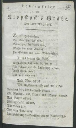Todtenfeier an Klopstock's Grabe : Den 22sten März 1803