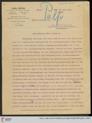 Briefe von Carl Pulfrich an Max Wolf: Brief von Carl Pulfrich von Carl Zeiss (Jena) an Max Wolf