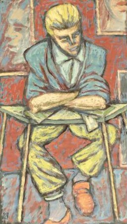 Männliche Figur im Atelier sitzend