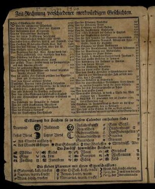 Zeit-Rechnung verschiedener merkwürdigen Geschichten - Erklärung der Zeichen so in diesem Calender enthalten sind