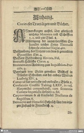 Anhang. Curieuser Tractätgen und Bücher