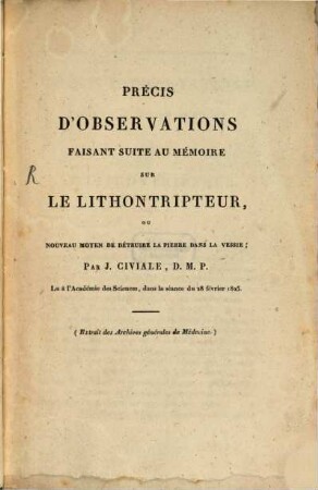 Précis d'observations Faisant suite au mémoire sur le lithontripteur