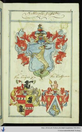 Kolorierte Federzeichnungen: Wappen der Helbling von Hirzfelden und Bischöfflich Konstanzisches Wappen