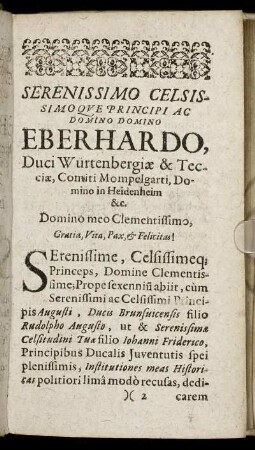 Serenissimo ... Eberhardo, Duci Wurtenbergiae & Tecciae ...