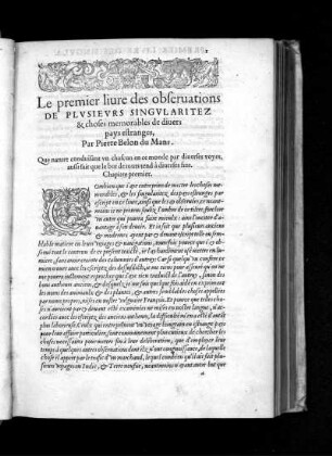 Le premier livre des observations de Plusieurs Singularitez & choses memorables de divers pays estranges, par Pierre Belon du Mans