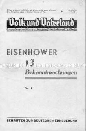 Kriegsgefangenen-Zeitung "Volk und Vaterland" mit Bekanntmachungen von US-Präsident Eisenhower