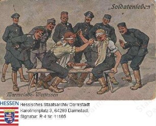 Militär, Feldpostkarten / Feldpostkarte mit Karikaturen 'Soldatenleben. Marmelade-Wettessen' und rückseitigem Gedicht