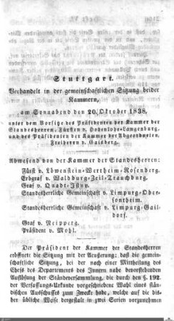 Gemeinschaftliche Sitzung, Stuttgart, 20.10.1838