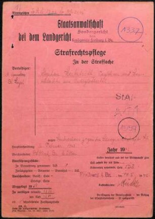 Angeklagter: Herbstritt, Stephan (Taglöhner); Oberglottertal *26.12.1871 in Unterglottertal; + ? Delikt: Verbrechen gegen die Kriegswirtschaftsverordnung Schwarzschlachtung Tatort: Oberglottertal Tatzeit: 1941-Sommer 1942