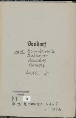 Zivilstandsregister der katholischen Gemeinde Oesdorf, Kreis Büren (GAHT 1808-1810) (Gemeinde: katholische Gemeinde Oesdorf)