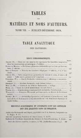 Table des matiéres et noms d'auteurs.