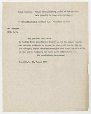 Brief von Raoul Hausmann an Südwestdeutscher Rundfunk AG / Ernst Schoen. Jershöft