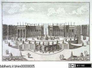 Fürstlicher Baumeister oder Architectura civilis : wie grosser Fürsten und Herren Palläste mit ihren Höfen, Lusthäusern, Gärten, Grotten, Orangerien und anderen darzu gehörigen Gebäuden füglich anzulegen und nach heutiger Art auszuzieren ; zusamt den Grund-Rissen und Durchschnitten, auch vornehmsten Gemächern und Säälen eines ordentlichen fürstlichen Pallastes / inventirt und gezeichnet durch Paulus DeckerTafel XVIII: "Amphitheater" eines Fürstlichen Lustgartens - Fürstlicher Baumeister oder Architectura civilis ... Teil 1, Teil 2, Anhang