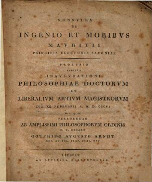 Nonnulla de ingenio et moribus Maritii, principis Auctoris Saxoniae Prolusio