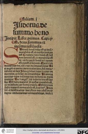 Isidorus de summo bono. Incipit liber primus, capitulum i.