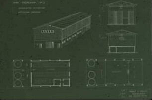 Schemazeichnung: Betriebsgebäude, Greiferhalle, Bauart, Grundriss