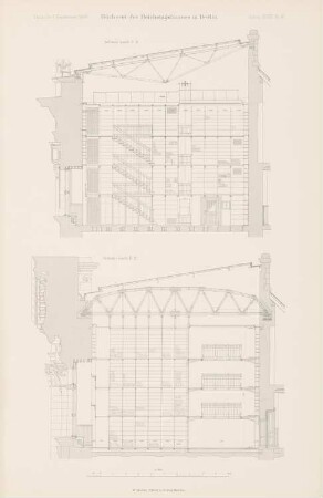 Reichstag, Berlin Bücherei: Schnitt CD und EF 1:90 (aus: Atlas zur Zeitschrift für Bauwesen, hrsg. v. Ministerium der öffentlichen Arbeiten, Jg. 48, 1898)