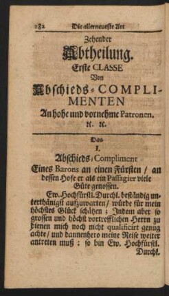Zehender Abtheilung Erste Classe Von Abschieds-Complimenten An hohe und vornehme Patronen