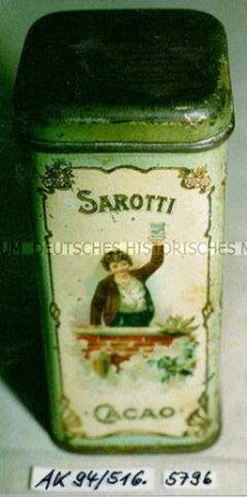 Blechdose für "SAROTTI CACAO" (Abbildung eines Jungen hinter kniehoher Ziegelmauer mit Sarottipackung in der erhobenen Hand)