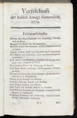 Verzeichniss der kaiserl. königl. Generalität. 1772.