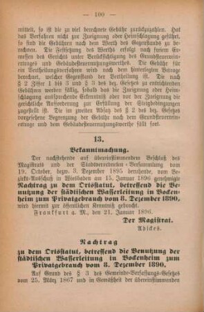 13. Bekanntmachung. Nachtrag zu dem Ortsstatut, betreffend die Benutzung der städtischen Wasserleitung in Bockenheim zum Privatgebrauch vom 8. Dezember 1890.