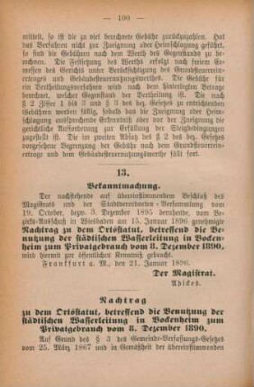 13. Bekanntmachung. Nachtrag zu dem Ortsstatut, betreffend die Benutzung der städtischen Wasserleitung in Bockenheim zum Privatgebrauch vom 8. Dezember 1890.