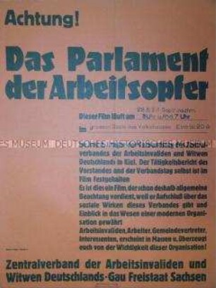 Maueranschlag zur Ankündigung des Films "Das Parlament der Arbeitsopfer" über den Verbandstag des Zentralverbandes der Arbeitsinvaliden und Witwen