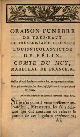 Oraison funèbre de tres-haut et tres-puissant seigneur Louis-Nicolas-Victor de Felix, Comte du Muy, maréchal de France ...