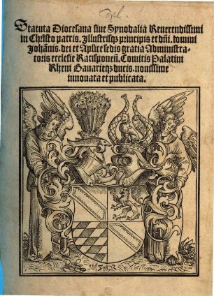 Statuta Diocesana siue Synodalia Reuerendissimi in Christo patris. Jllustrisq[ue] principis et d[omi]ni. domini Johan[n]is. dei et Ap[osto]lice sedis gratia Administratoris ecclesie Ratisponen[sis]. Comitis Palatini Rheni Bauarieq[ue] ducis. : nouissime innouata et publicata