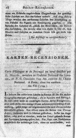 Carte D'Espagne Et De Portugal : En Neuf Feuilles / Par E. Mentelle Et P. G. Chanlaire. - [Ca. 1:980.000]. - Paris : P. G. Chanlaire Et E. Mentelle, VII = 1799. - 1 Kt. auf 9 Bl.. : Kupferst.. ; Gesamtgr. 125 x 92 cm, je Bl. versch. Gr. - Maßstab in graph. Form (Mètres, Lieues Communes de France). - Nullmeridian: Ferro u. Paris. - Mit 1 Nebenkt.: Détroit De Gibraltar. - Mit Bl.-Zählungen