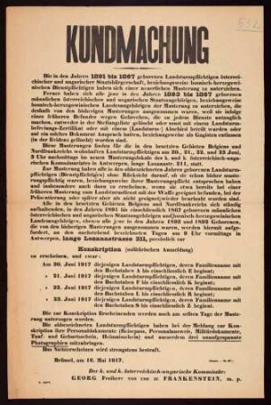 "Kundmachung" über Musterung und militärische Anmeldung österreichisch-ungarischer Landsturmpflichtiger in Belgien (II 3477 Nr. 937)