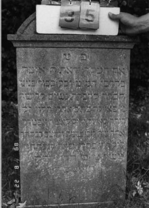 Grabstein 35 (Index: 99796337) Material: Sandstein Zustand: verwittert mit Textverlust Maße HxBxT: 97x56x11 cm Beschreibung: Stele, Abdeckplatte mit Segmentbogenaufsatz Symbolik: gekreuzte Palmzweige: Grabstein 35 (Nachholaufnahme)