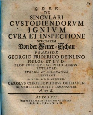 De Singvlari Cvstodiendorvm Ignivm Cvra Et Inspectione Speciatim Von der Feuer-Schau