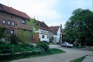 Dorfplatz mit Bauernhäusern und blühender Kastanie