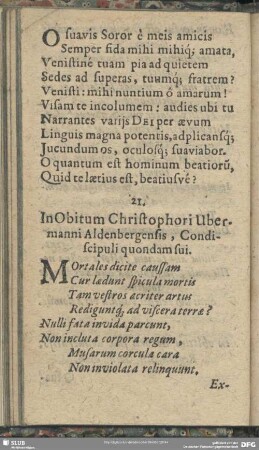 21. In Obitum Christophori Ubermanni Aldenbergensis, Condiscipuli quondam sui