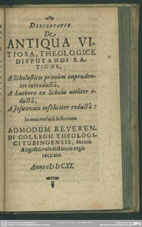 Dissertatio De Antiqua Vitiosa, Theologice Disputandi Ratione