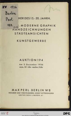 Bücher des 15. - 20. Jahrh., alte u. moderne Graphik, Handzeichnungen, Städteansichten, Kunstgewerbe : ... 3. Dezember 1936 ... (Katalog Nr. 194)