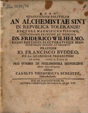 Quaestionem politicam: An alchemistae sint in republica tolerandi?