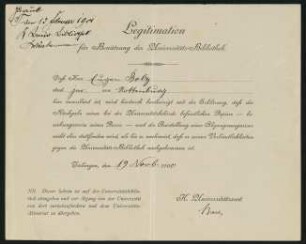 Legitimation für Benützung der Universitäts-Bibliothek (13. Februar 1901)