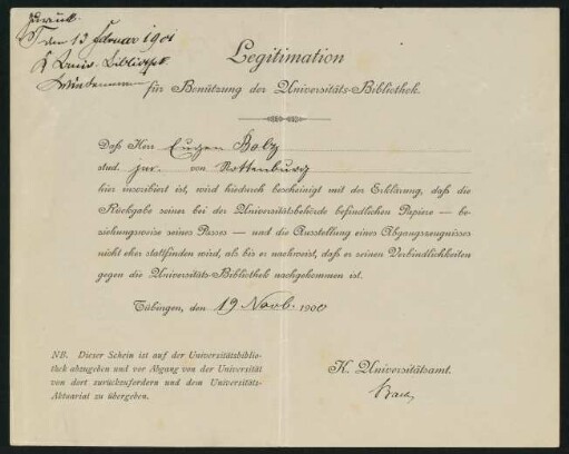 Legitimation für Benützung der Universitäts-Bibliothek (13. Februar 1901)