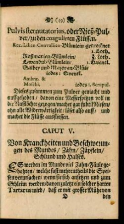Caput V. Von Kranckheiten und Beschwerungen des Mundes, Zähn, Zäpflein, Schlund und Halses