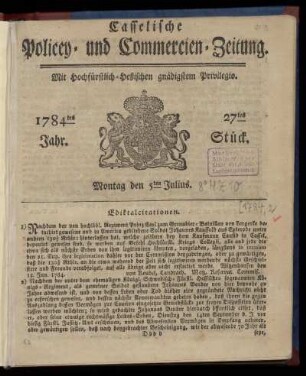 27tes Stueck, Montag den 5ten Julius. 1784