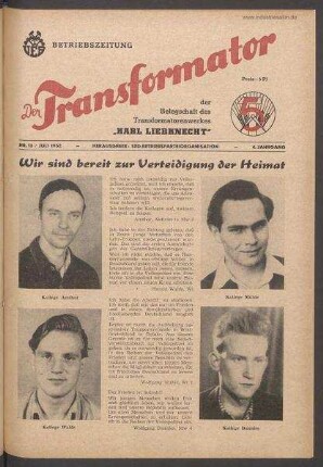 TRO-Betriebszeitung 'Der Transformator'; Nr. 13/1952 (Juli 1952)