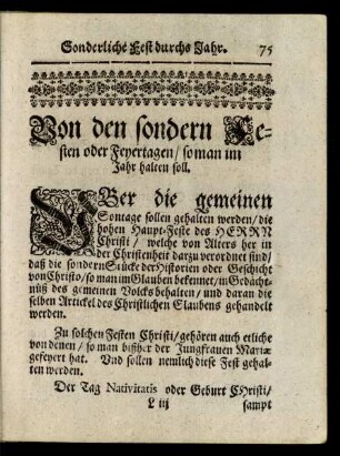 Von den sondern Festen und Feyertagen/ so man im Jahr halten soll.