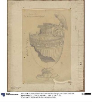 Eine bronzene Vase mit Silbereinlagen, den Henkel von einem Greifvogel bekrönt. Zeichnung nach der Antike