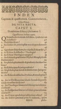 Index Capitum & quaestionum Controversarum