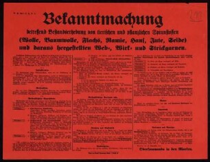 "Bekanntmachung betreffend Bestandserhebung von tierischen und pflanzlichen Spinnstoffen (Wolle, Baumwolle, Flachs, Ramie, Hanf, Jute, Seide) und daraus hergestellten Web-, Wirk- und Strickgarnen (W.M. 58/9.15.K.R.A.)