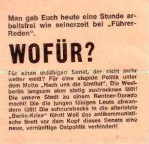 Handzettel gegen die Ost-Politik des Berliner Senats